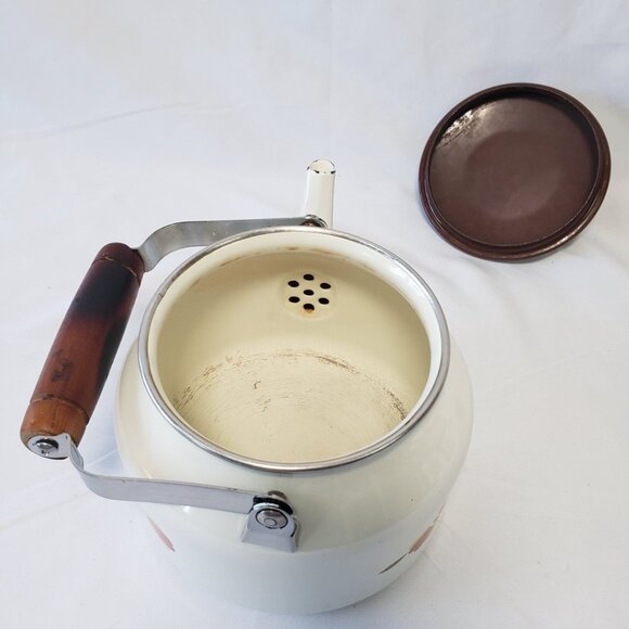 Hall Enamelware Autumn Leaf Teapot Jewel Tea Pot Enamel Metal Kettle Round Wood - Picture 9 of 16